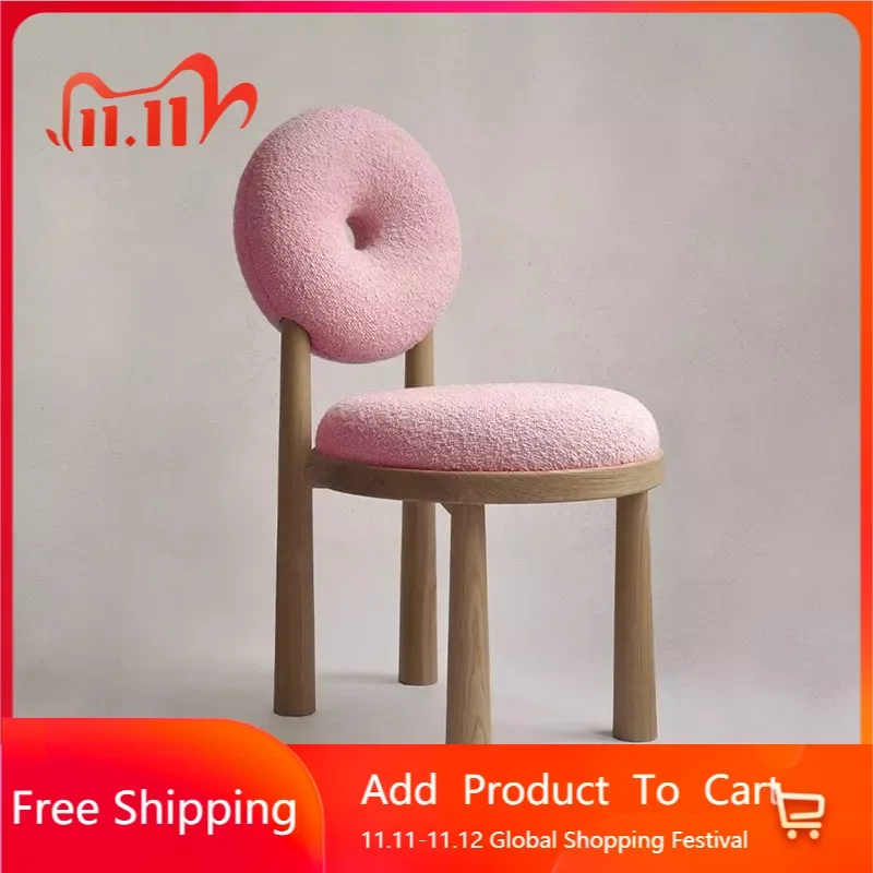 

Nordic Modern Dressing Dining Home Bedroom Makeup Chair Solid Wood Leg Stool Chair Simple Donut Lamb Velvet Backrest Chair