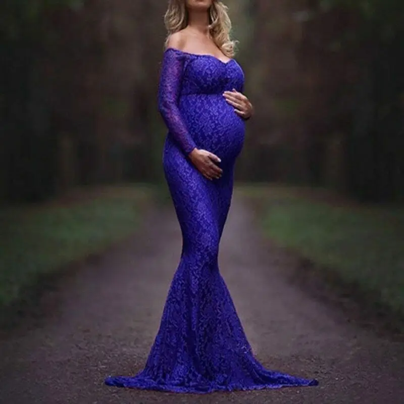 ChiffonOff-shoulder Lace Long Maxi Maternity Dress Pregnant Lady Gown Photography Prop Pregnant Long Baby Shower Maxi Gown 2022 enlarge