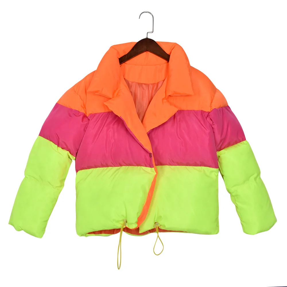 Women's Fresh Rainbow Contrast Short Bread Parkas Winter Zipper Pockets Jacket Women Parka Casual Patchwork Fuffy Female Jackets