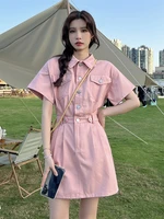 denim dress womens summer 2022 new retro hong kong style cool and cute polo collar waist short sleeve skirt