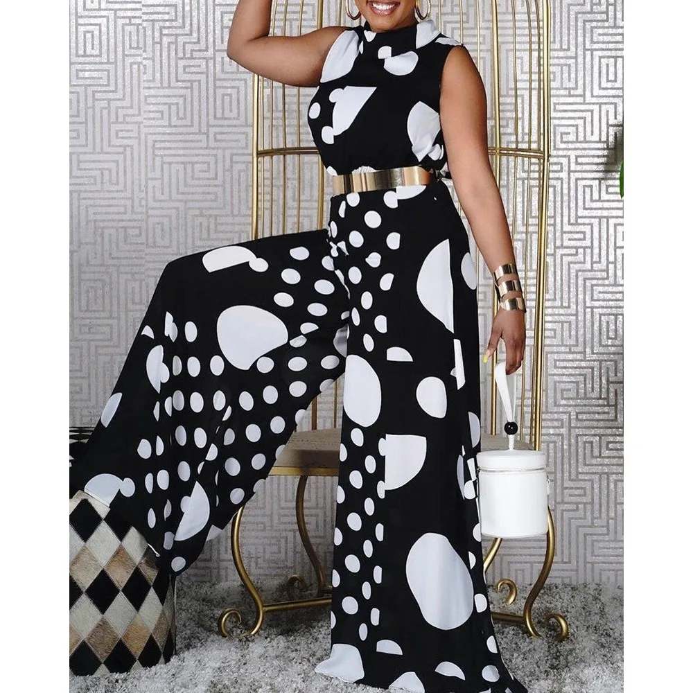 

Women Romper Polka Dot Printed Wide Leg Pants Overalls Office Ladies Elegant Jumpsuit High Waist African Mother Wear
