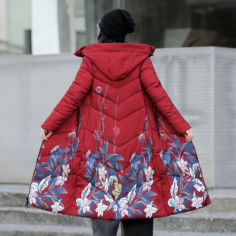 MODERN NEW SAGA Women Coat Winter Thick Quilted Coat Hooded Cotton Padded Coat Print Long Coats Parka Female Plus Size Overcoat images - 6