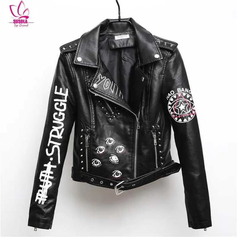 Женские гладкие мотоциклетные куртки из искусственной кожи с принтом слова