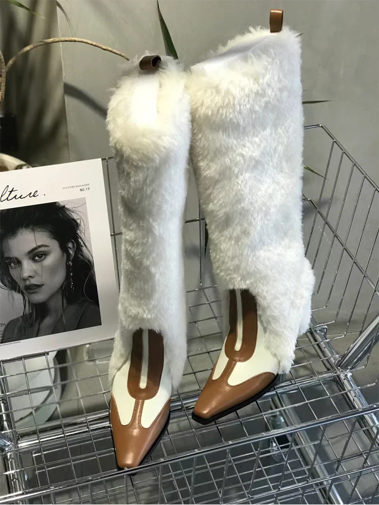 New square toe chunky heel long tube knee-length wool boots high heel knee high warm slip-on boots for women