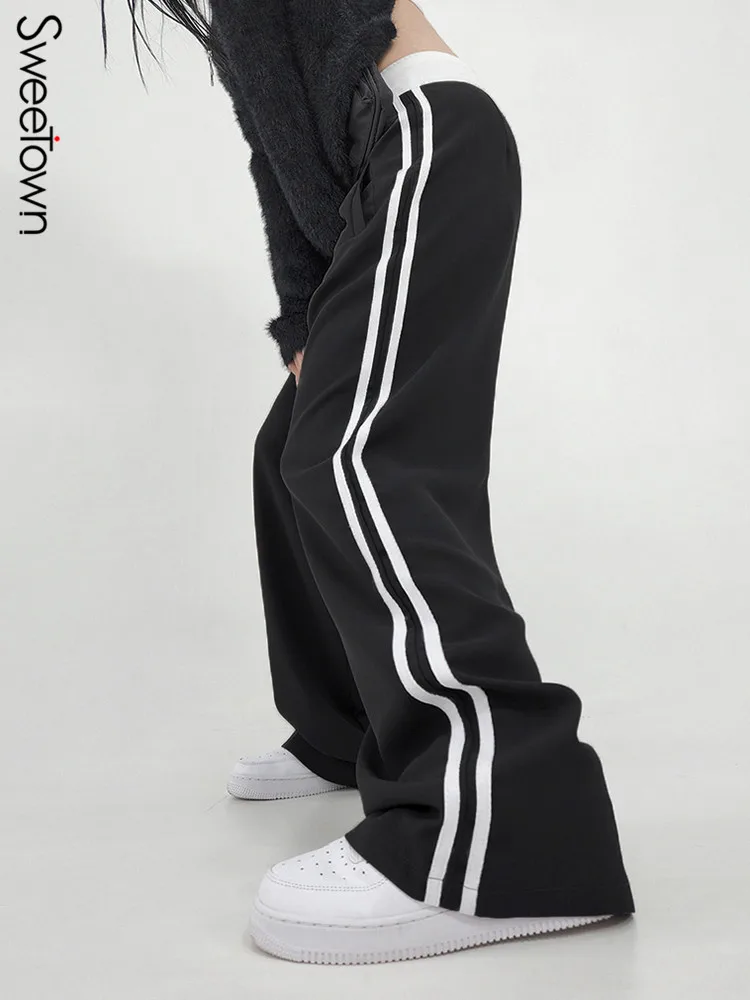 

Sweetown Korean Style Low Waist Wide Leg Sweatpants For Women Side Stripe Stitched Casual Baggy Hippie Jogging Trousers Black