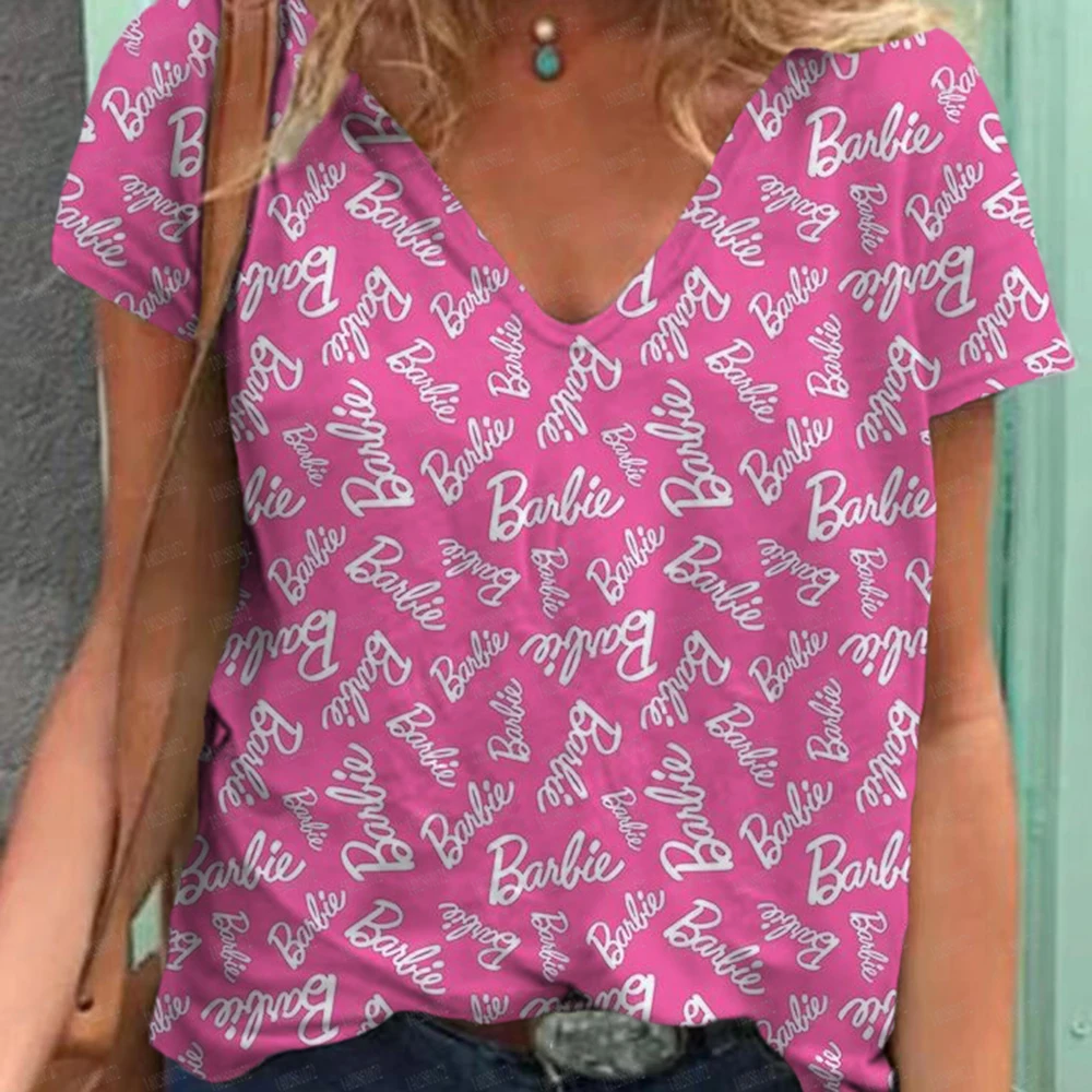Новинка 2024 женская футболка с V-образным вырезом и коротким рукавом Барби