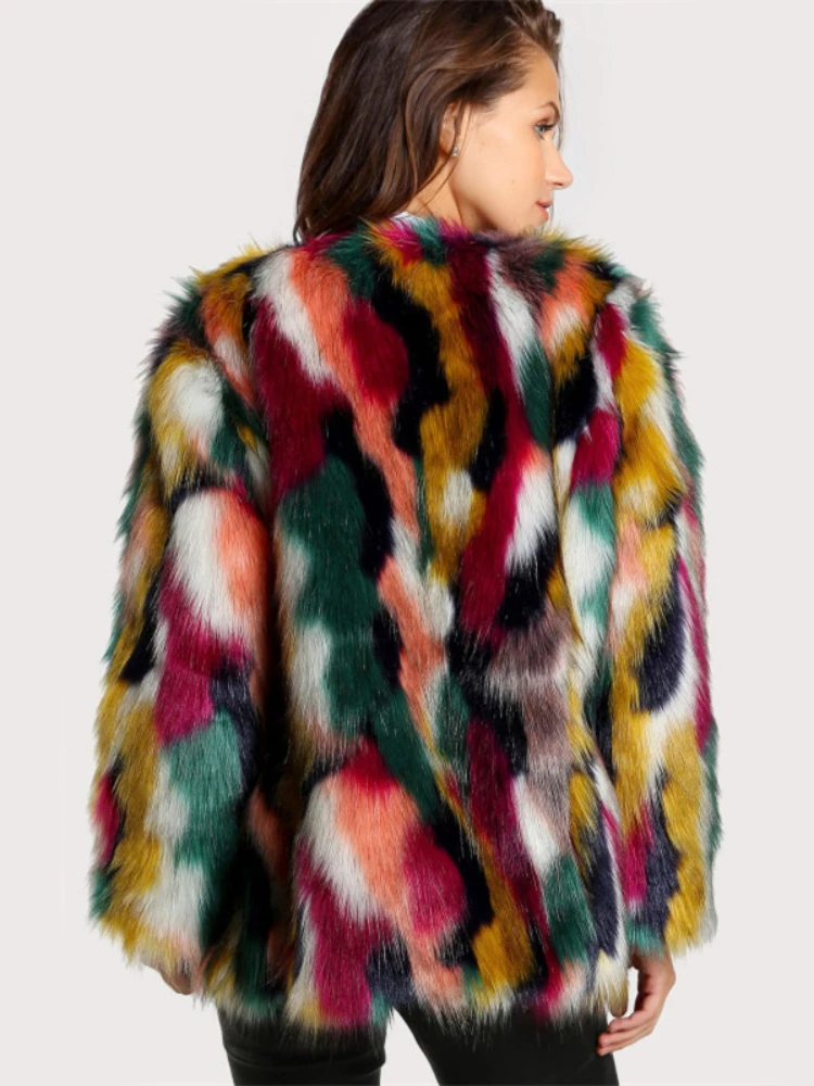 ICCLEK Color matching fur coat colorful wool imitation fur coat short long sleeve collarless casual women's winter fur coat