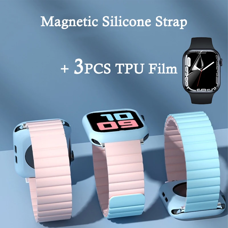 

Magnetic Silicone Strap For Apple Watch 7 6 5 3 2 Creative Makaron Watchband Screen Protector For Iwatch 38/40/41mm 42/44/45mm