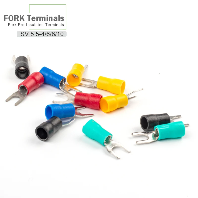 

100PCS SV5.5 Insulated Spade Terminal Block Electrical Furcate Lug Cable Wire Fork Type Crimp Connector 12-10 AWG