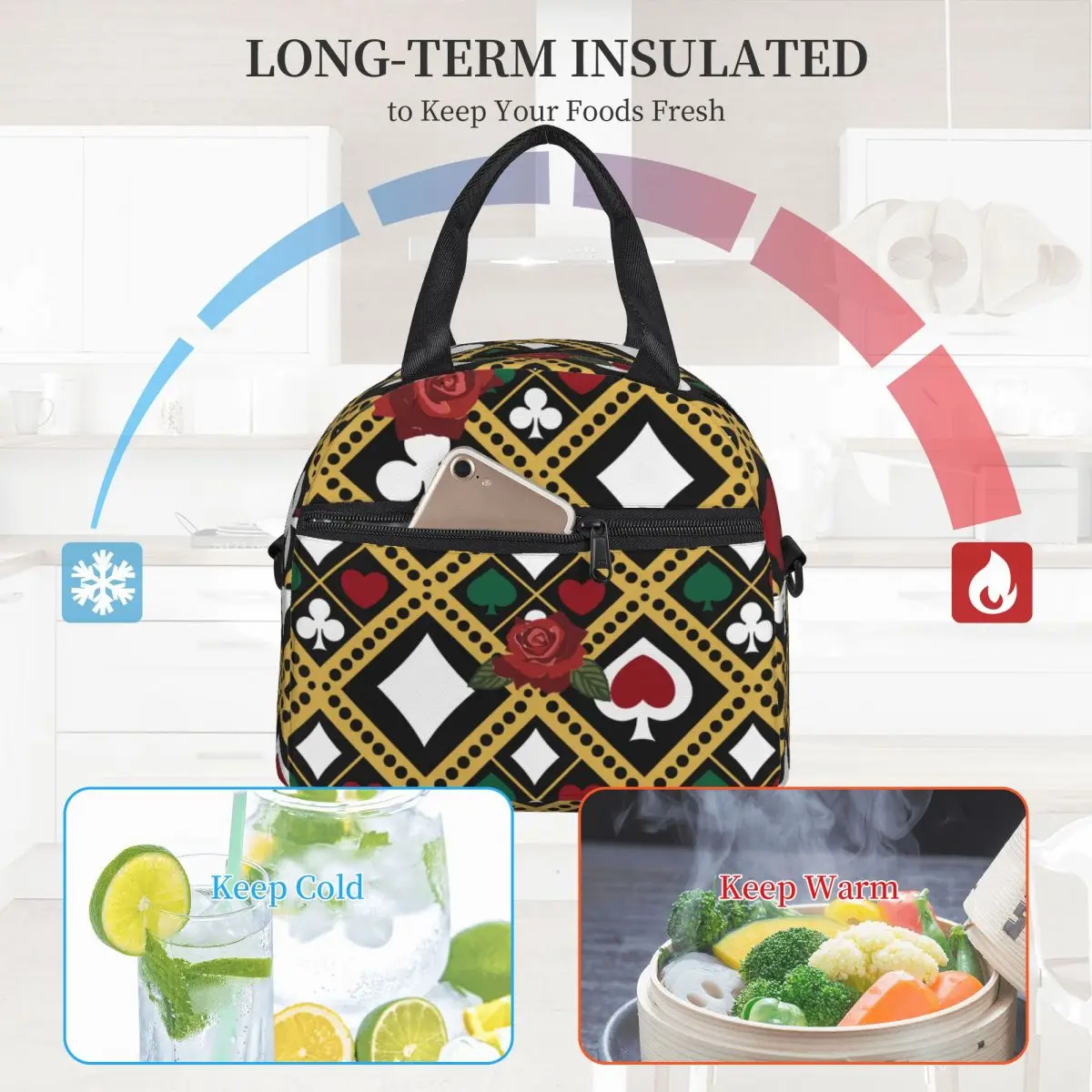 

Funny Poker Lunch Bag with Handle Flower And Heard Print Cute Cooler Bag Zipper Beach Pearl Cotton Thermal Bag