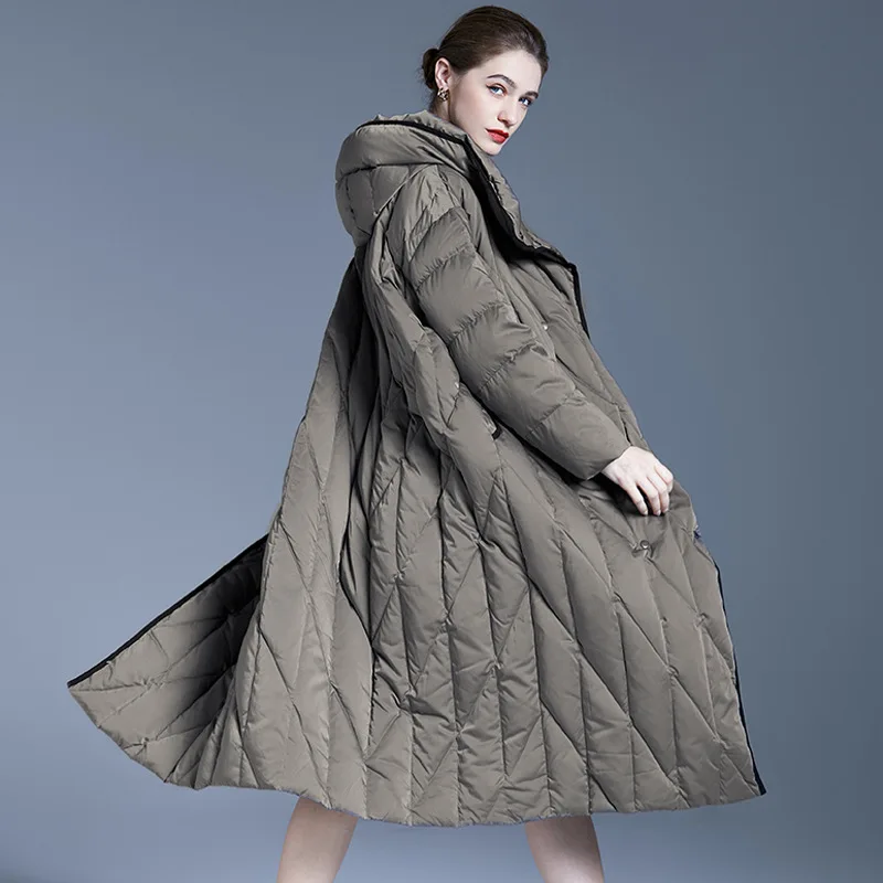 Long down jacket women's loose length over knee thickened hooded white duck down winter coat