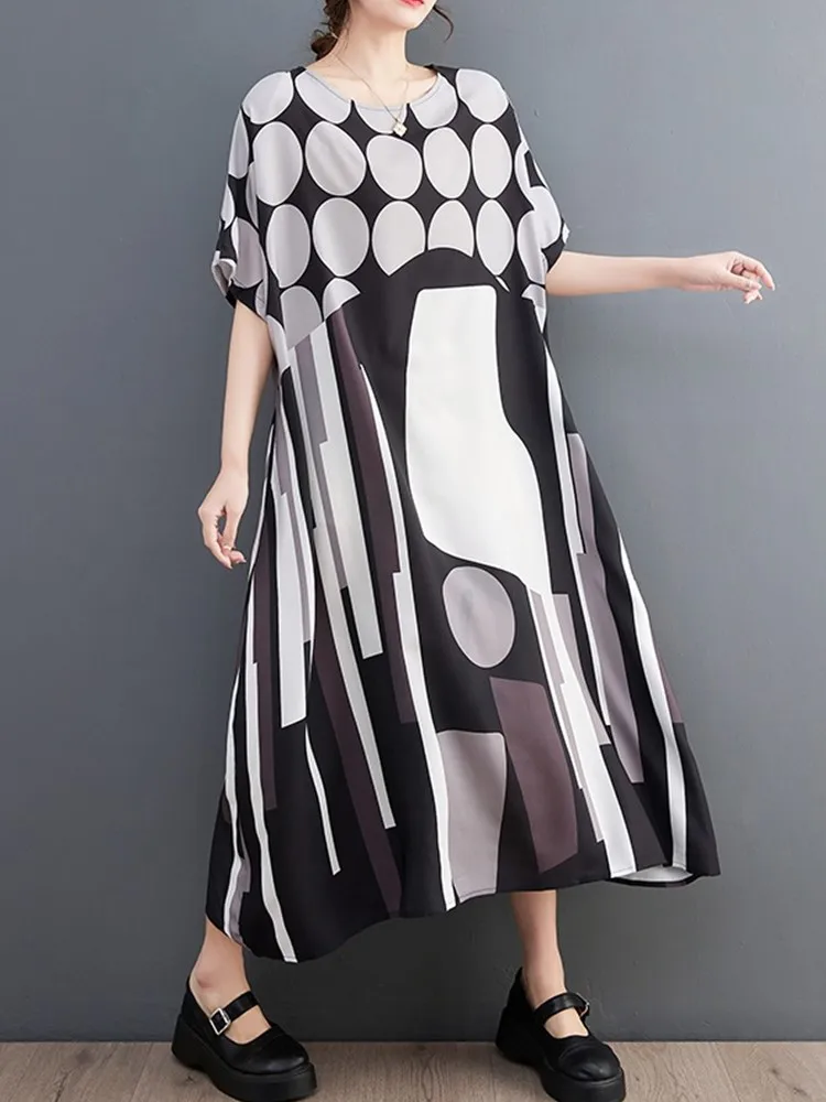 

Женское шифоновое платье с коротким рукавом, повседневное Свободное длинное винтажное платье составного кроя в Корейском стиле, элегантная одежда большого размера, лето 2023