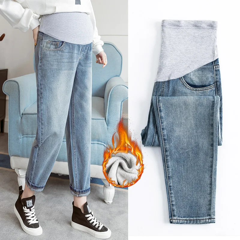 

Autumn Winter Thick Warm Plus Velvet Women Pregnancy Denim Maternity Jeans Thermal Fleece Belly Pants Clothes for Pregnant