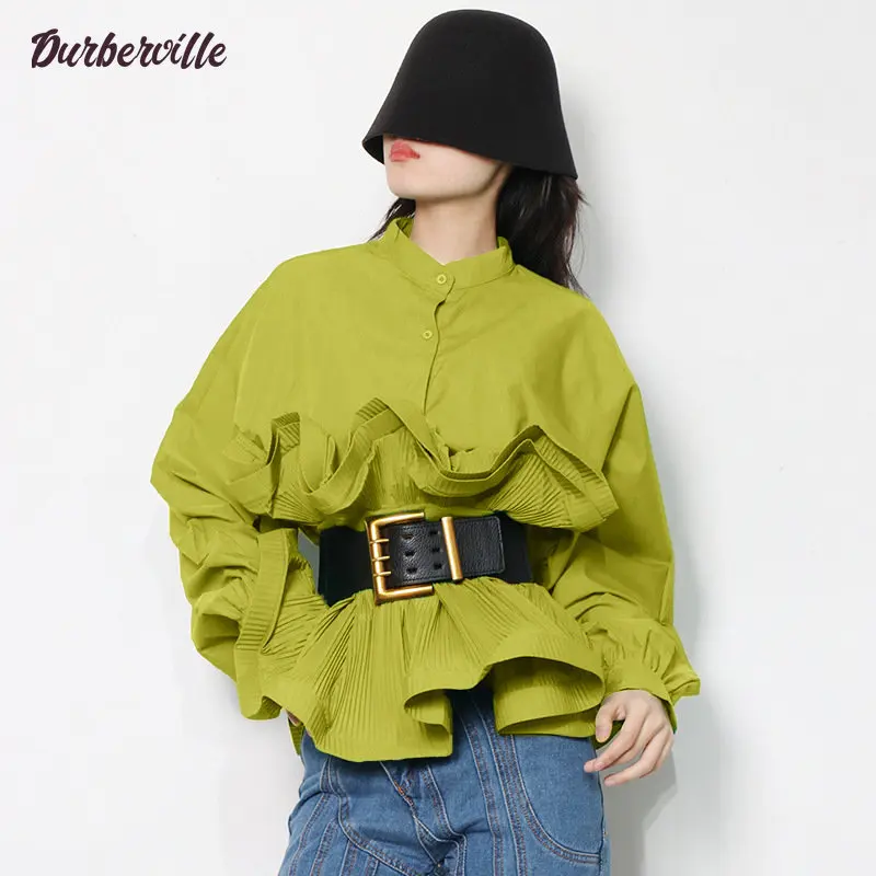 French Shirt Women's 2022 New Stand-up Collar Long-sleeved Pleated Ruffles Careful Machine All-match Top Trendy Belt