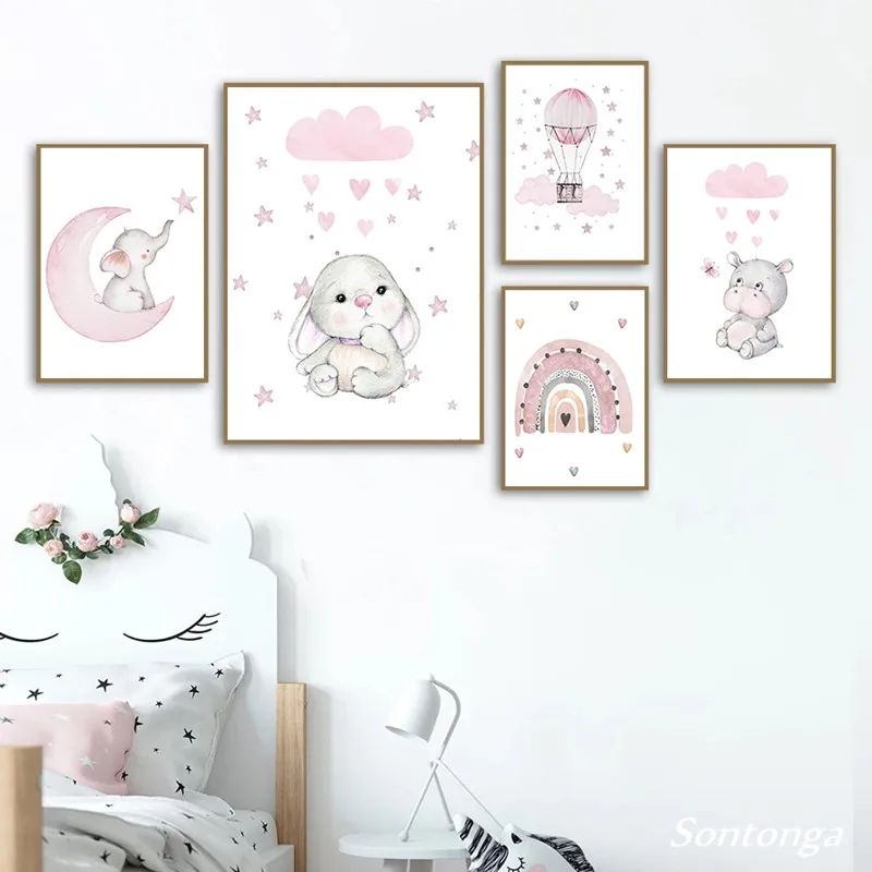 

Elephant Bunny Hippo Star Cloud Rainbow Wall Art Canvas Painting Nordic Posters and Prints Wall Pictures Child Kids Room Decor