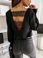 2022 summer chiffon womens blouse black v neck lantern lace long sleeve female tops fashion elegant loose office ladies clothes