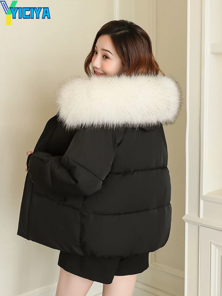YICIYA Winter Jackets 2023 Woman Hooded Fur Collar Casual Loose Solid Office Lady Zipper Cotton-padded Jacket Female Parkas Coat