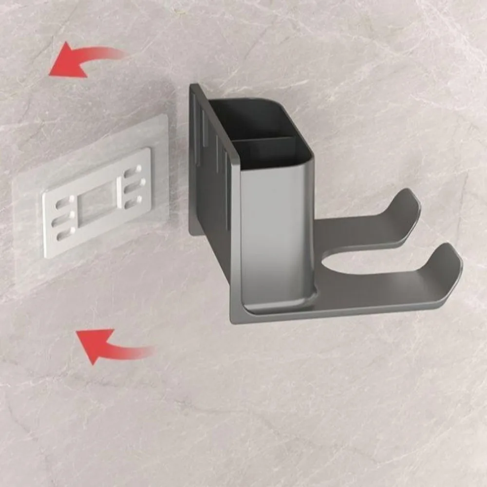 Фото Неперфорированный держатель для фена, самоклеящаяся портативная подставка для выпрямителя для волос, несколько отделений, прочный. №5