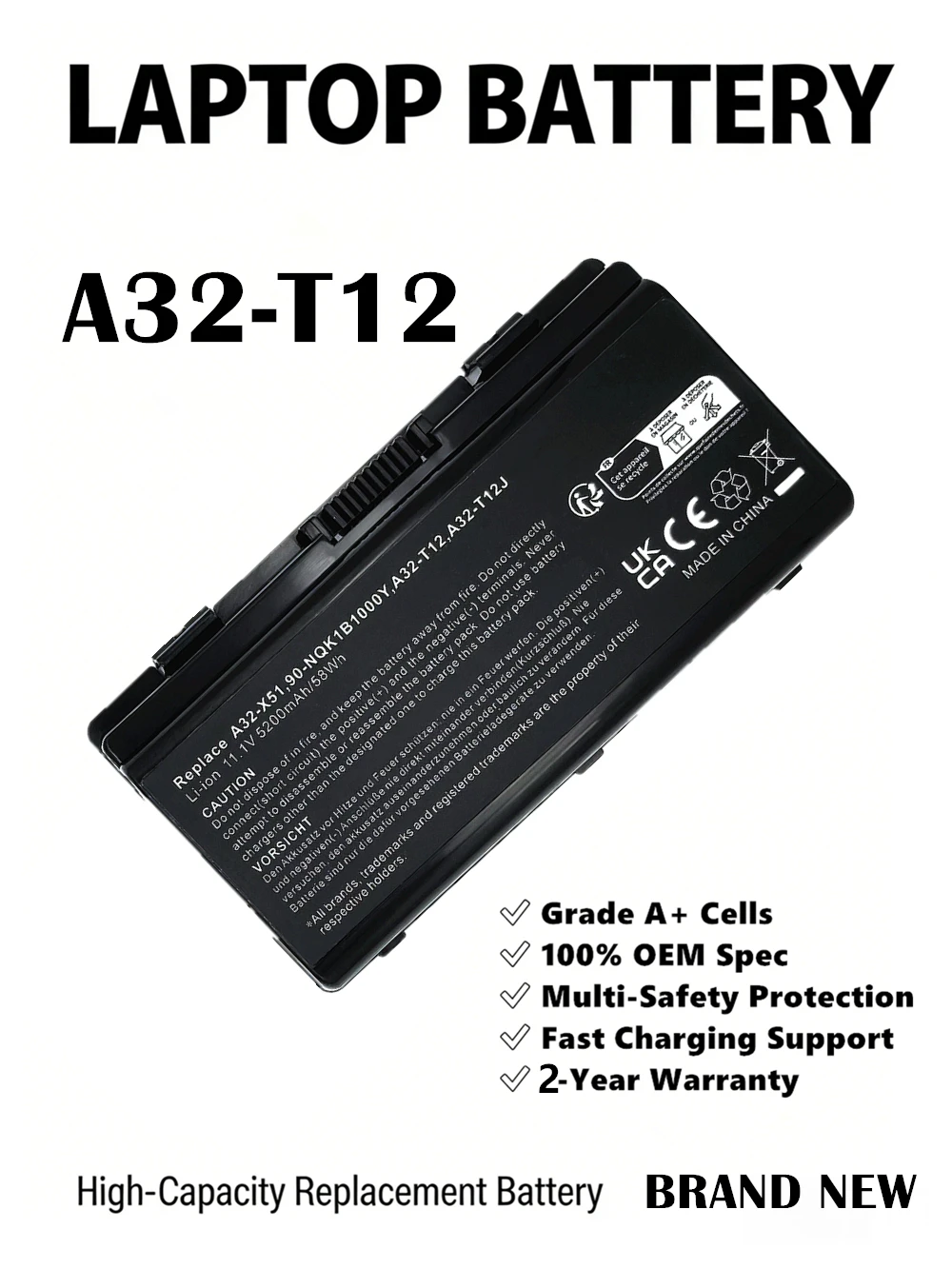 Фото Аккумулятор для ноутбука A31‑T12 A32‑T12 A32‑X51 для ASUS T12 T12C T12Er X51L X51R X51RL X58L X58LE Pro52RL 11.1В, перезаряжаемый, заменяемый. №3