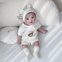 2022 summer new baby short sleeve romper hat cute cartoon bear print jumpsuit for infant toddler boy girl clothes cotton