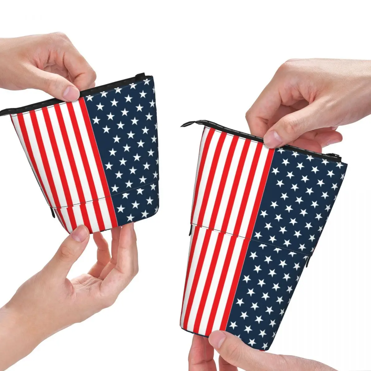 

American USA Flag Print Fold Pencil Case Stars And Stripes Teens Cool Standing Pencil Box Elementary School Pen Organizer