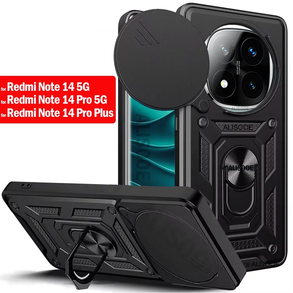 Funda for Redmi Note 14 Pro Plus 5G Case Armor Slide Camera Ring Stand Protection Cover Xiaomi Capa