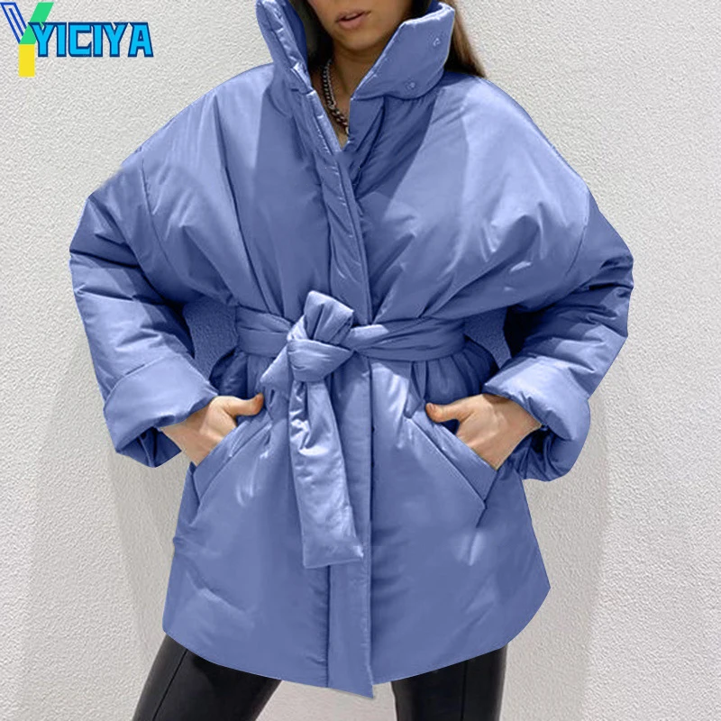 YICIYA Parkas For Woman 2023 Casual Collected Waisted Fashion Coat Women Elegant Spring Stand Collar Cotton Jacket Female Ladies