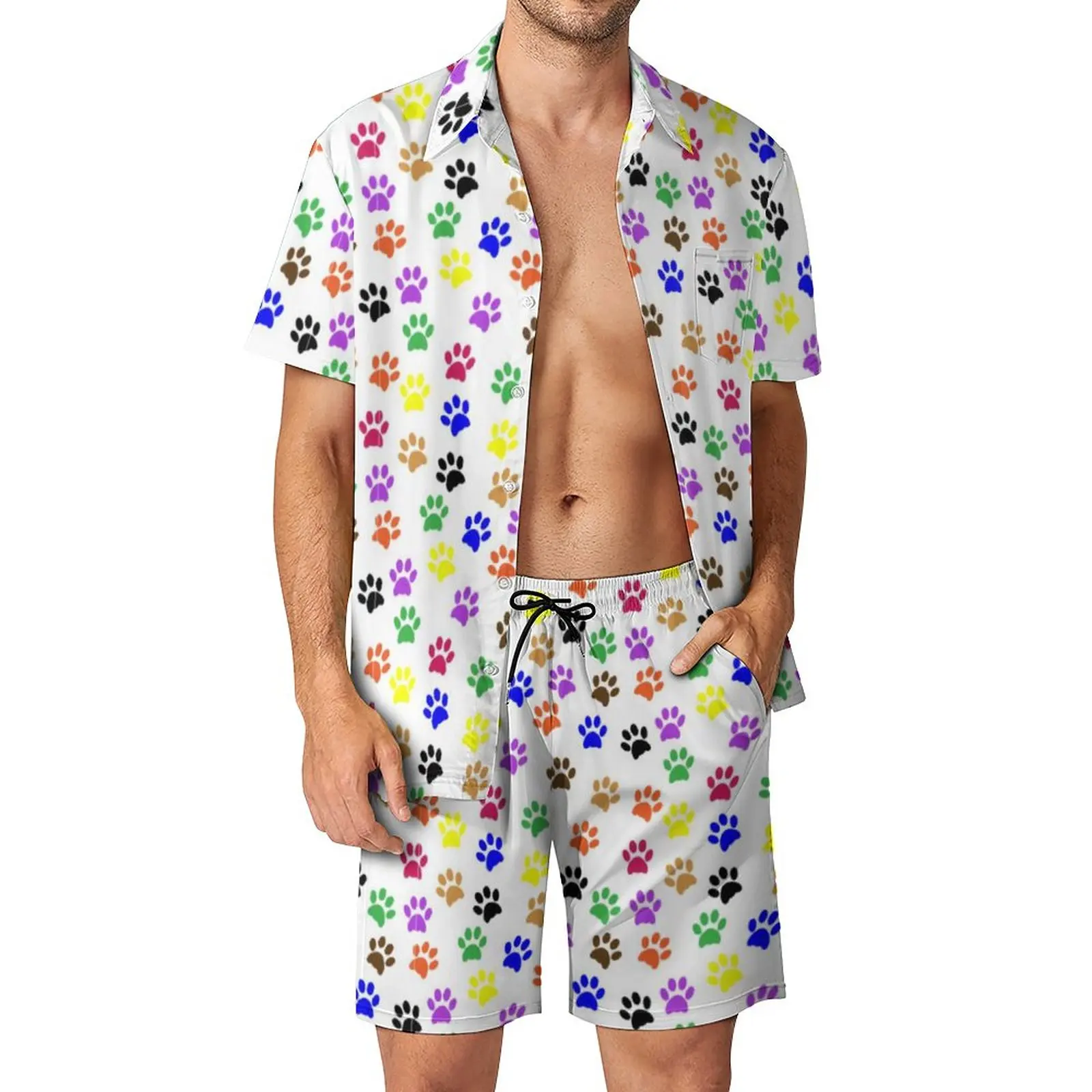 

Dog Pow Art Beachwear Men Sets Colorful Pawprints Casual Shirt Set Summer Design Shorts Two-piece Hawaii Suit Plus Size