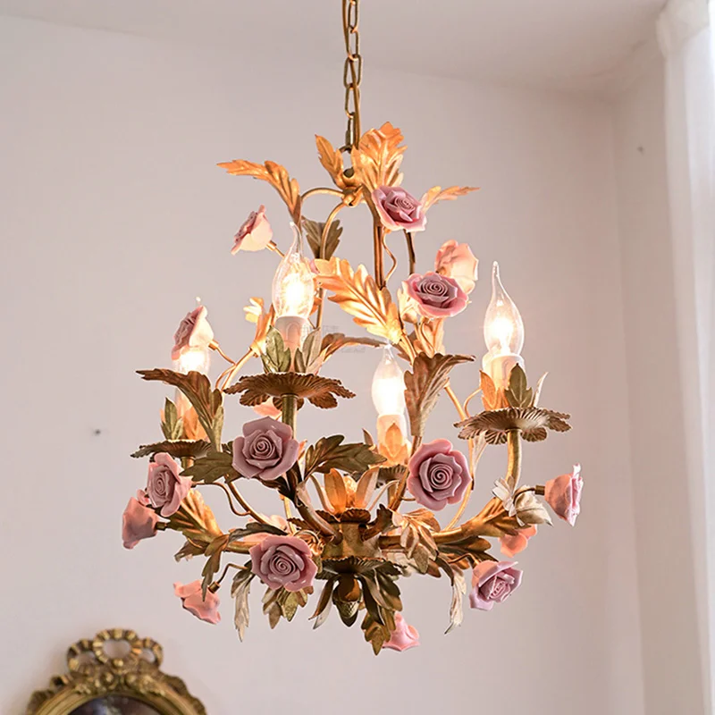 

Chandeliers Lights 2023New Floral Led rose Copper ceramics Dining Living Room Pendant Lamps Girls Bedroom Home Lighting Fixtures