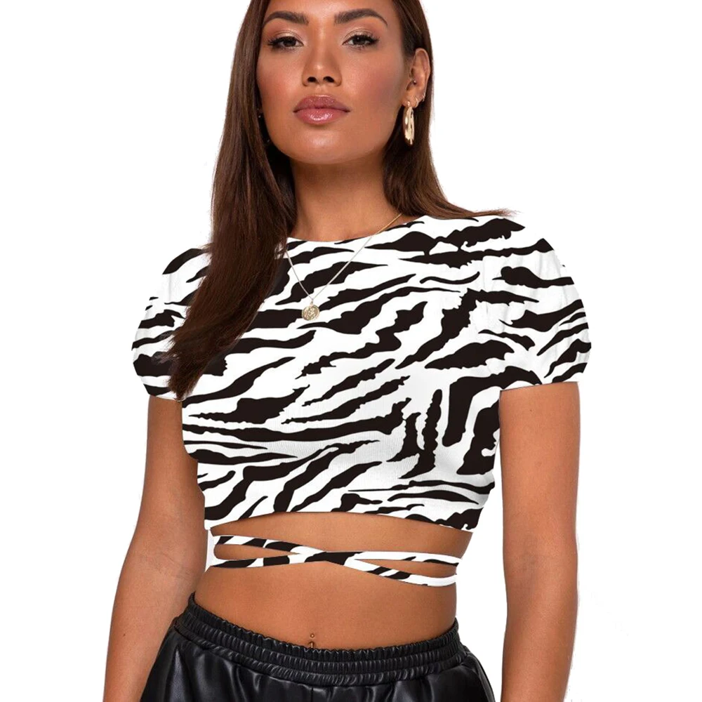 

Women's Crop Top Spring Summer Ladies New Sexy Open Back Lace Up Zebra Leopard Floral Printing Long Sleeved T-Shirts Street Wear