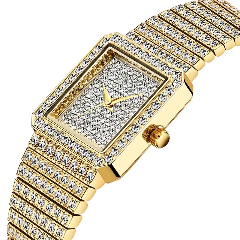 

Diamond Watch For Women Luxury Brand Ladies Gold Square Watch Minimalist Analog Quartz Movt Unique Female Iced Out Watch