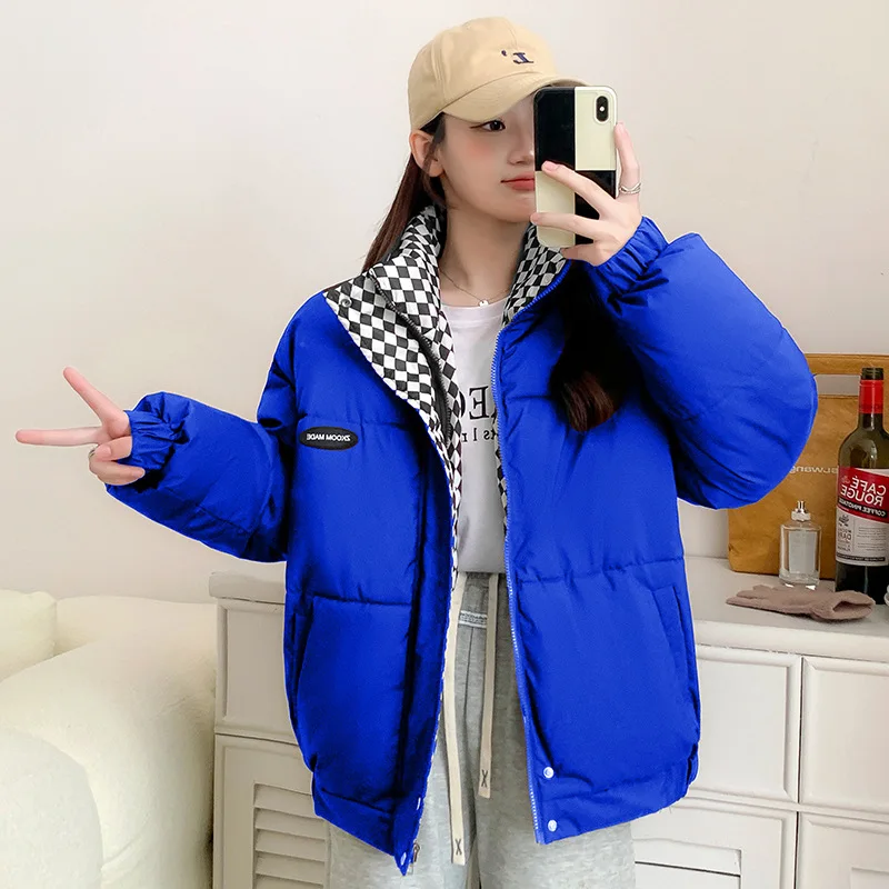 Parkas Winter Oversize Stand Collar Zipper Bread Parka Coat Women Long Sleeve Warm Jacket Short Outerwear Casual Black White New