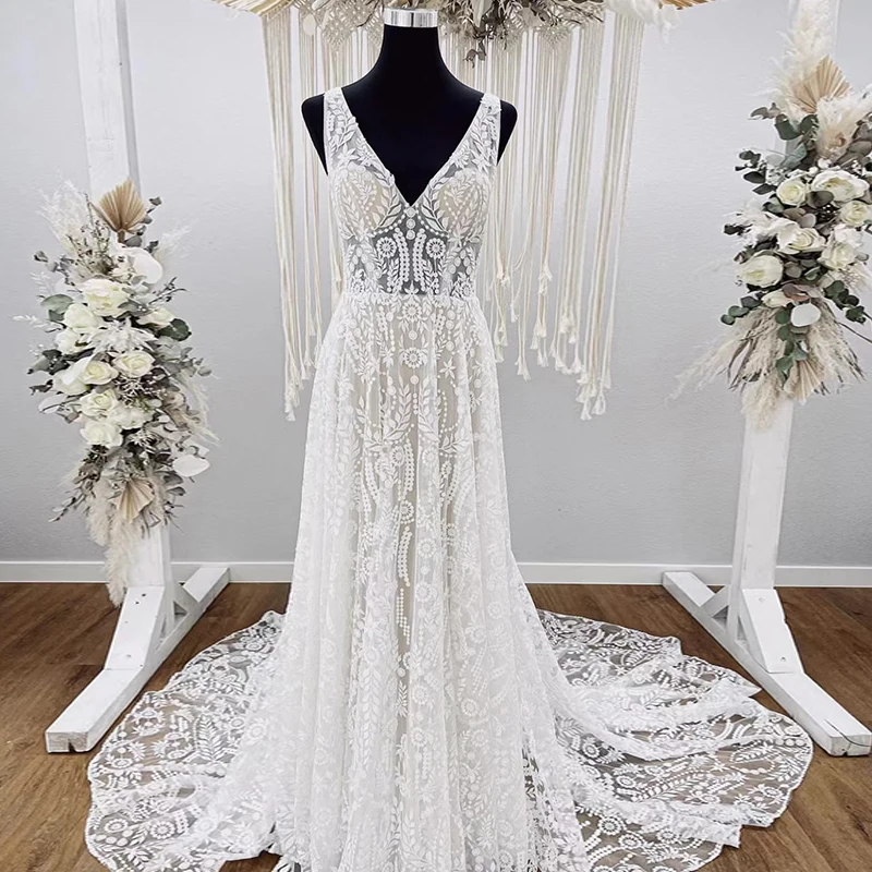 

Elegant Wedding Dress Organza With Embroidery A-line Ball Gown V-neck Sleeveless Vintage Bride Dress Back Backless Robe De Marie