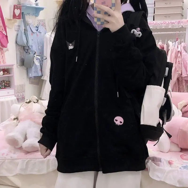 

Cartoon Sanrio Coat Kuromi Kawaii Anime Print Hooded Loose Sweatshirt Jacket Schoolgirl Casual Top Thickened Birthday Gift Y2K