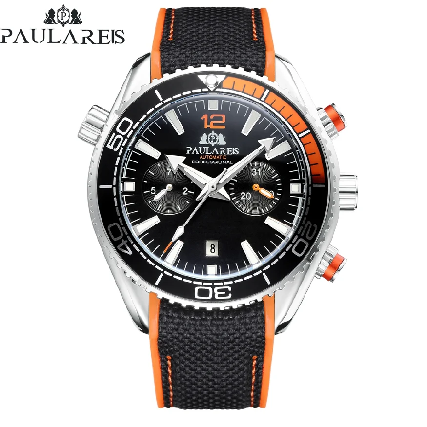 

Men Automatic Self Wind Mechanical Canvas Rubber Strap Orange Blue Red Multifunction Date Month Watch