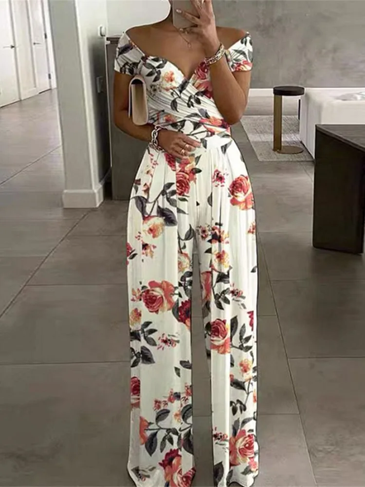 

Mandylandy Fashion Female Y2K Off Shoulder High Waist Corset V Neck Wide Leg Trousers Romper Women Elegant Floral Print Jumpsuit