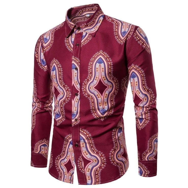 

Men's Casual Shirts African Style Printed Lapel Long Sleeve Men Shirt Fashion Printing Slim Fit