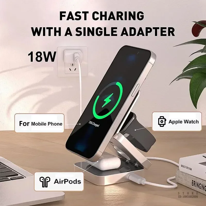 Складная магнитная Беспроводная зарядная станция 3 в 1 для IPhone 15 14 AirPods 3/2 IWatch 9 8 7