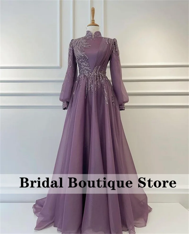 

High Neck Muslim Evening Dress 2022 Organza Long Sleeves Beads Sequins Party Dresses Arabic Formal Gown Robes De Soirée Custom