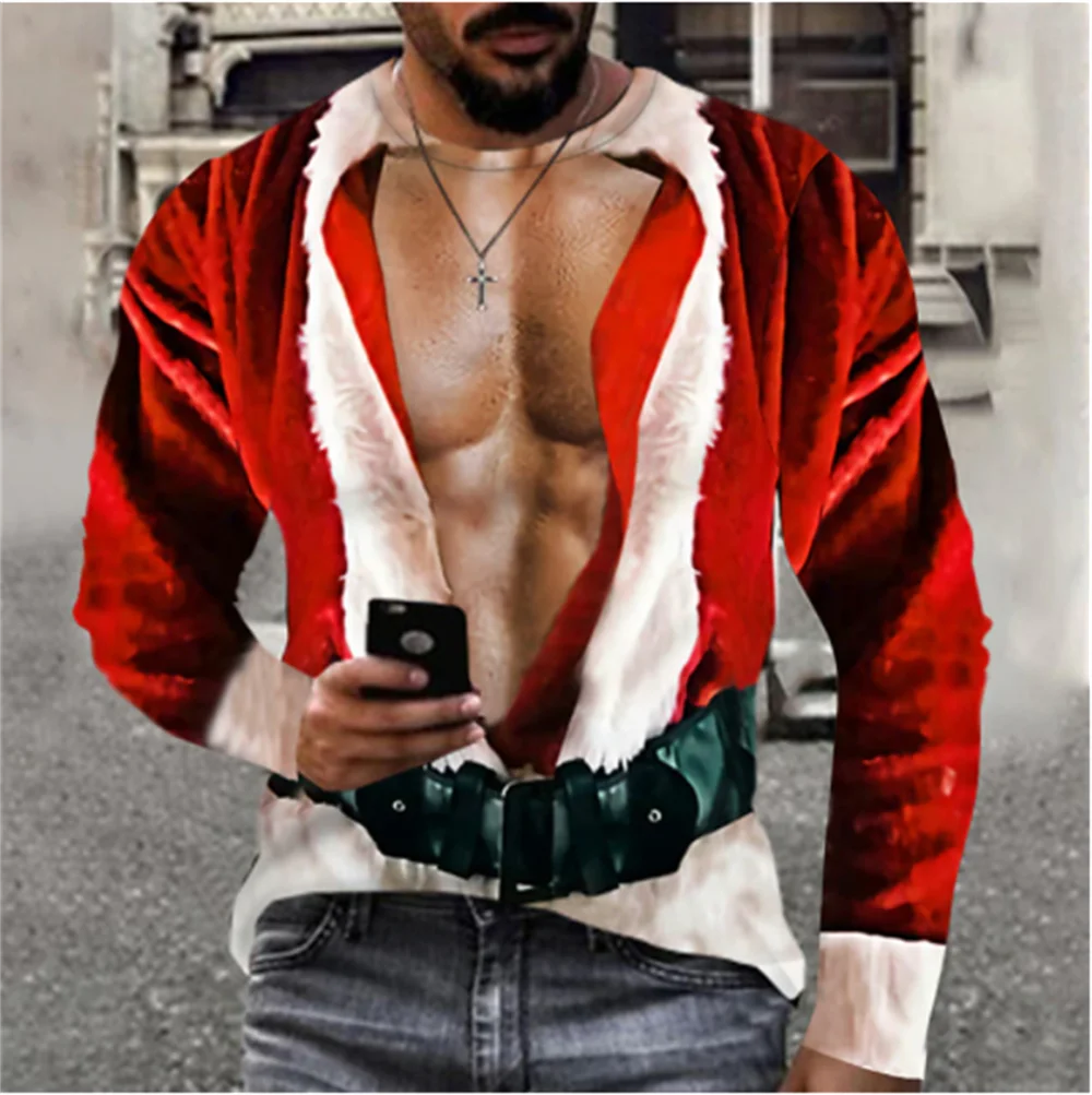 

Christmas T-Shirts For Mens Print Cotton Long Sleeve Santa T Shirt Overzied Clothes Funny Casual Top Tee Shirt Men Xmas Clothing