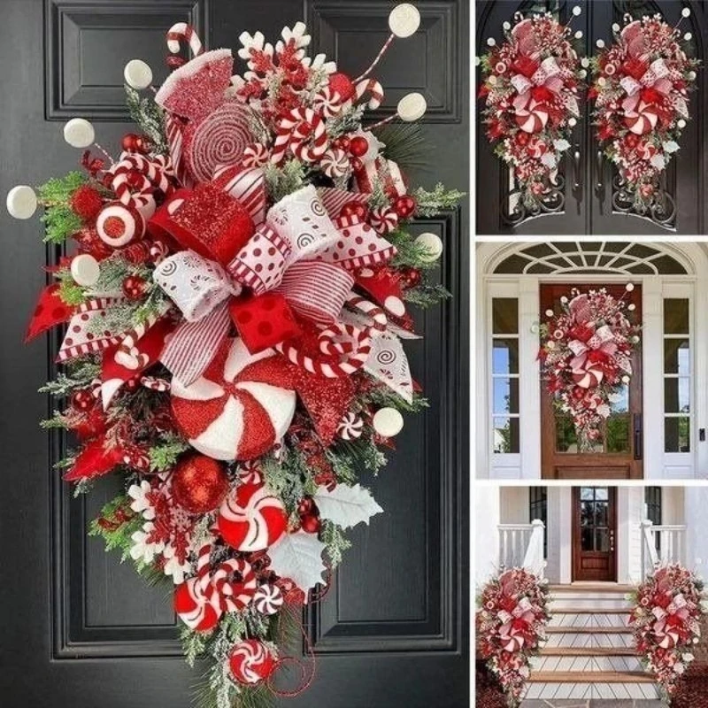 

Новогодний Рождественский венок 2023, конфеты, подвесные украшения вверх дном, украшения на стену входной двери, гирлянда на рождественскую елку 2022