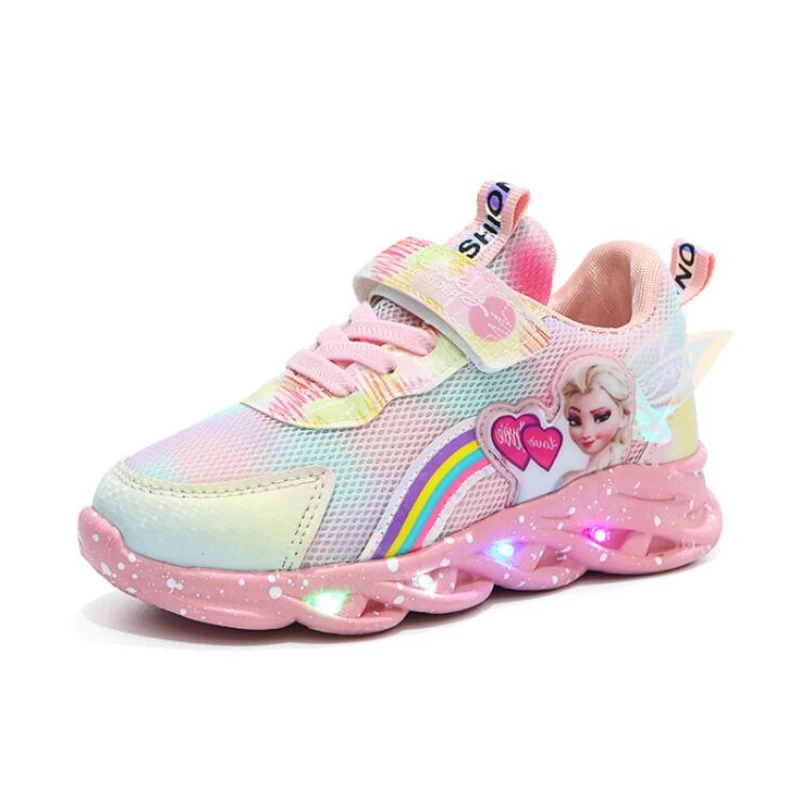 Disney LED Casual Sneakers Pink Purple For Spring Girls Frozen Elsa Princess Print Outdoor Shoes Children Lighted Non-slip Shoes images - 6