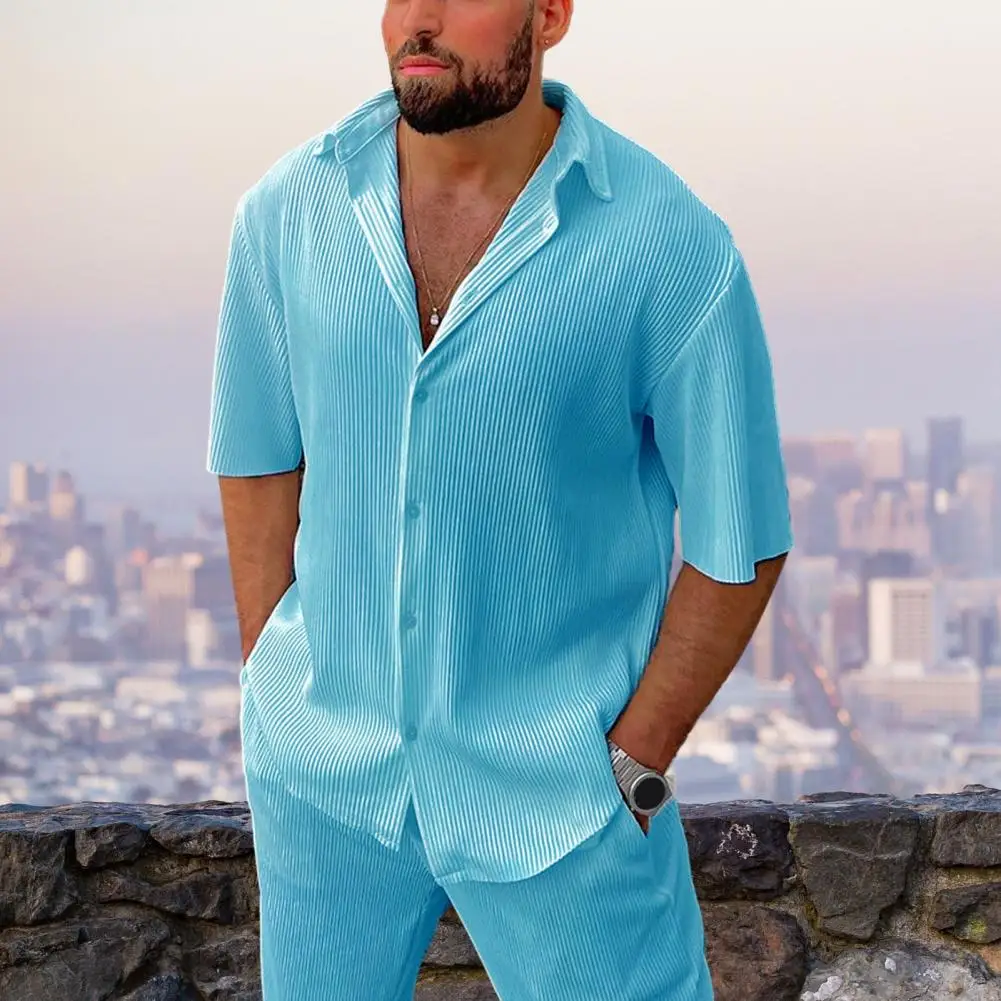 Men Short-sleeved Shirt Suit Stylish Men's Shirt Pants Set Lapel Short Sleeves Loose Fit Solid Color Buttons Casual for Summer