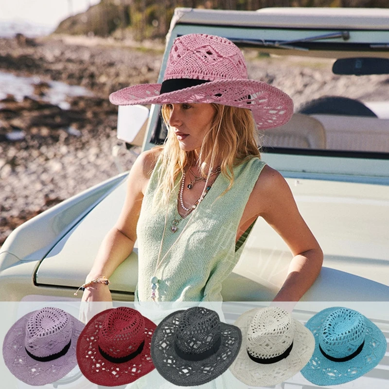 Sombrero de paja de vaquero tejido a mano para hombre y mujer, sombrero de paja plegable para el sol, color rosa, para playa, Unisex