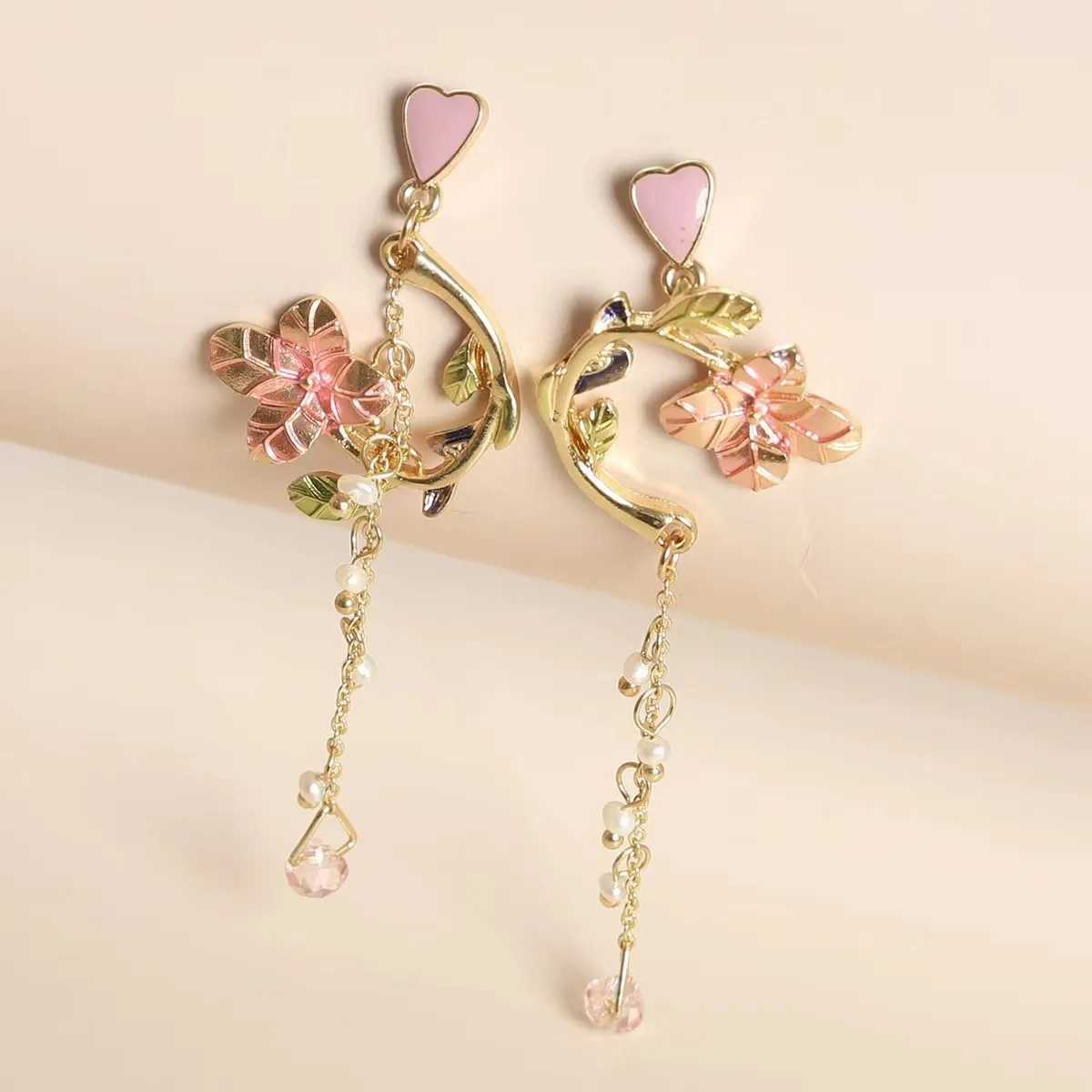

Flower Earrings Dangle Heart Long Tassels Asymmetric Pearls Pink Crystal Pendant Jewelry For Women 2022 New Korean Gift