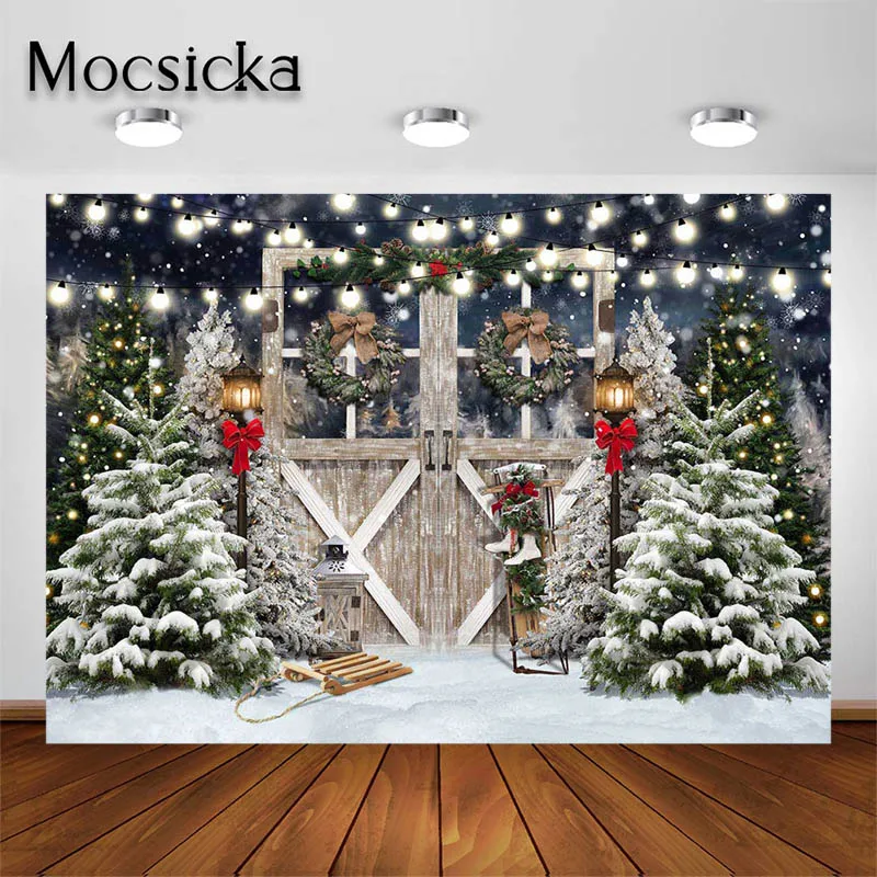 

Mocsicka Winter Photo Backdrop for Portrait Pet Photography Background Snow Christmas Tree Wooden Door Decorations Studio Props