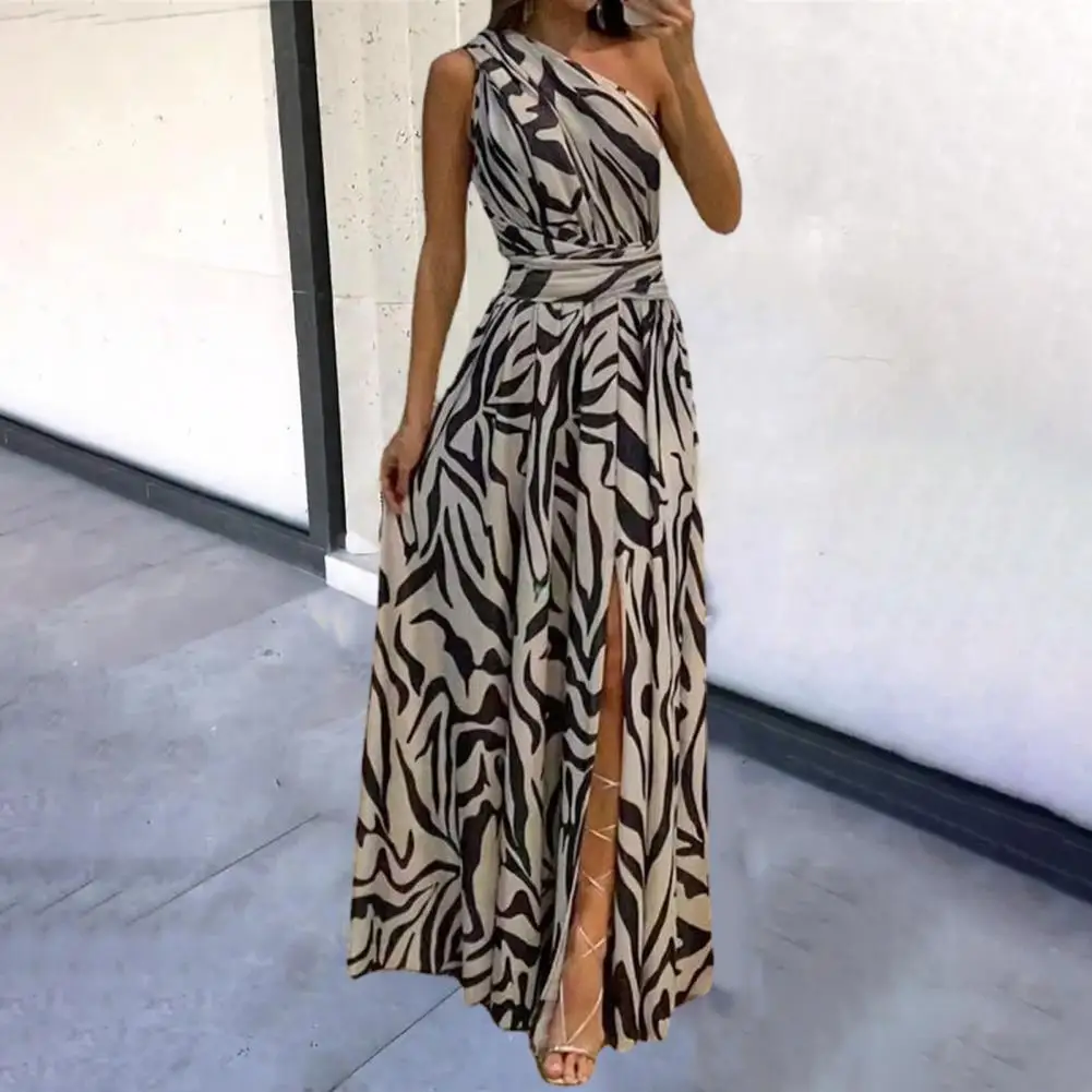 

Prom Printed Dress Stunning One Shoulder A-line Maxi Dress Vibrant Print High Waist Elegant Split Hem for Summer Prom Parties