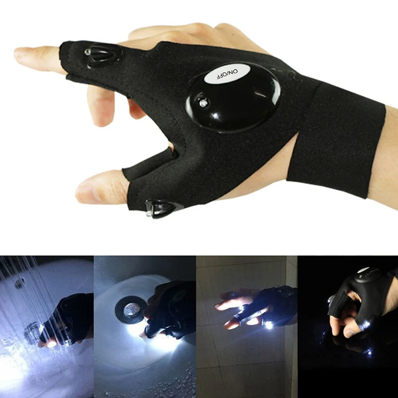

1 Pair Outdoor Fishing Magic Strap Fingerless Gloves Night Light Waterproof Camping Gloves With LED Flashlight Rescue Tools