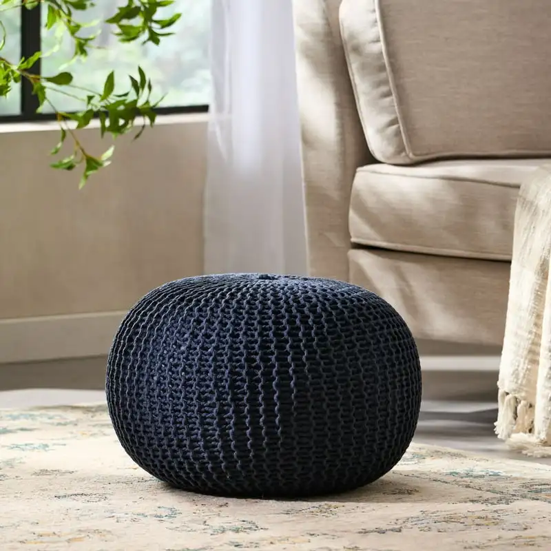 

Wilshire Knitted Cotton Pouf, Dark Blue