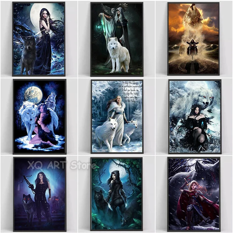 

Abstract Wolves Posters Prints Beast and Girl Cartoon Canvas Painting Wall Art Women Knight Pictures for Living Room Home Decor